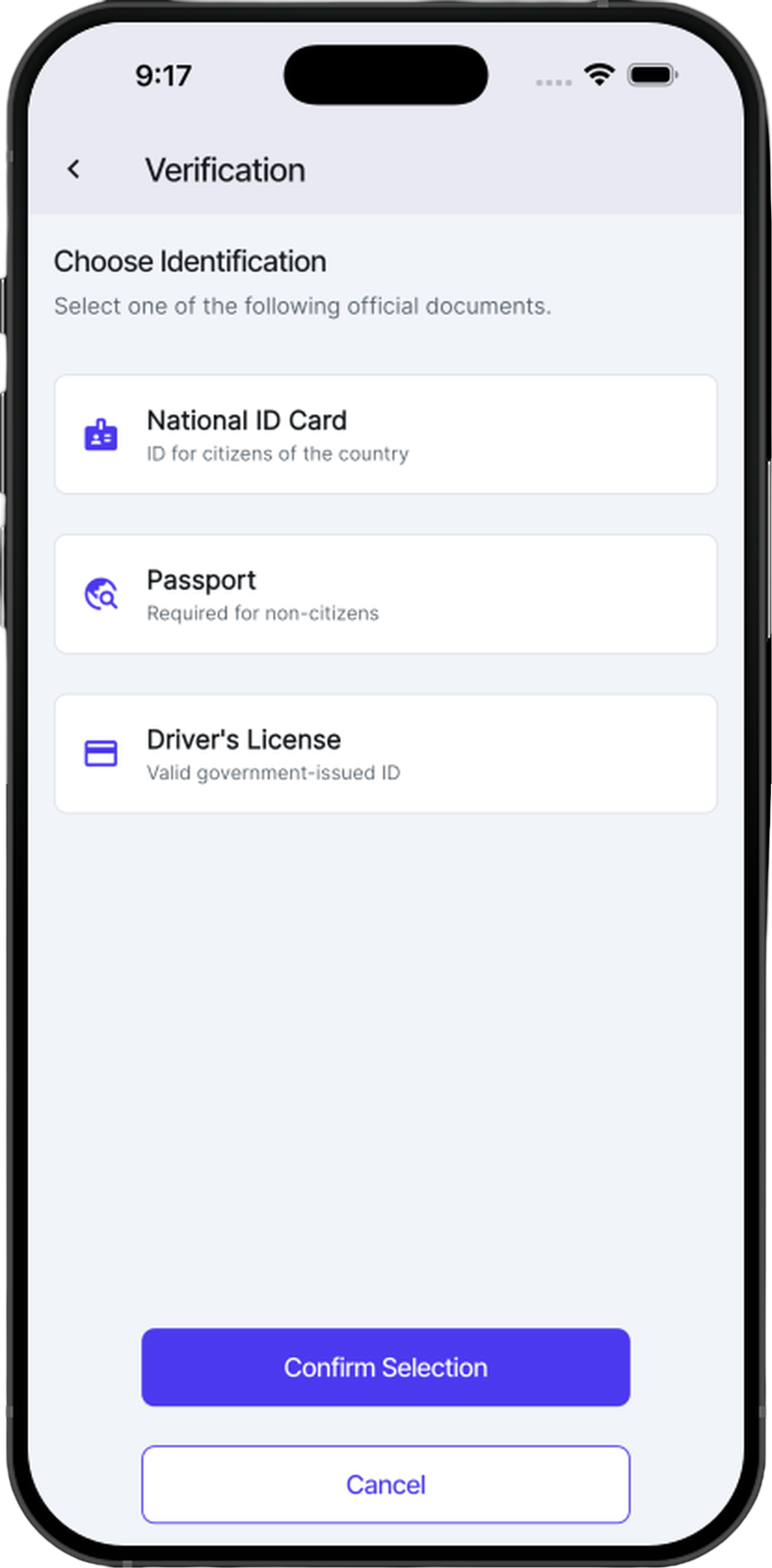 Verification screen showing ID options